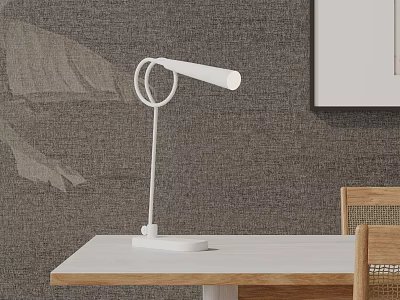 White Modern Desk Lamp On Light Colored Table With Grey Textured Wall And Wooden Chair 3d model