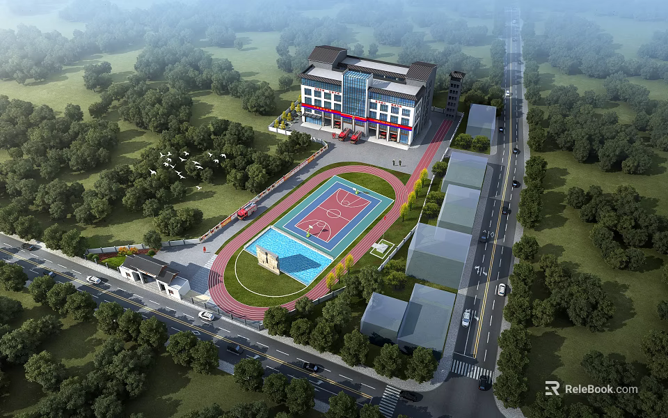 Spacious Modern School Campus With Basketball Court Track And Lush Green Surroundings 3d model 