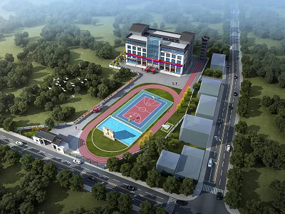 Spacious Modern School Campus With Basketball Court Track And Lush Green Surroundings 3d model
