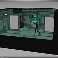 3D Futuristic Room Scene With Two Characters Interacting Near Tech Control Panels 3d model