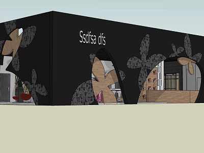 Modern Selfie Arts Exhibition Exterior With Black Walls Floral Patterns And Arched Openings 3d model