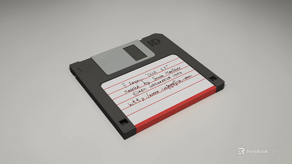 Vintage Floppy Disk With Black Case Gray Slider Red Label And Handwritten Text 3d model 