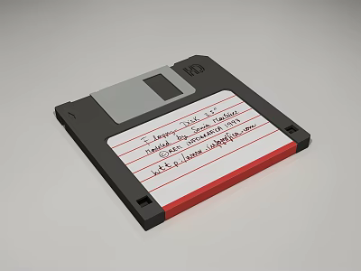 Vintage Floppy Disk With Black Case Gray Slider Red Label And Handwritten Text 3d model