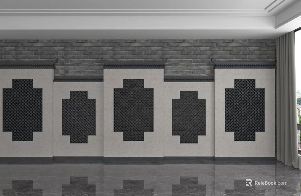 Gray Brick Background Wall With White Decorative Panels And Black Geometric Patterns 3d model 