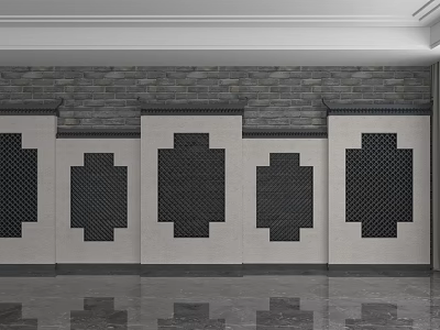Gray Brick Background Wall With White Decorative Panels And Black Geometric Patterns 3d model