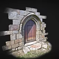 Ancient Stone Arched Doorway With Weathered Wooden Door And Rustic Stone Blocks
