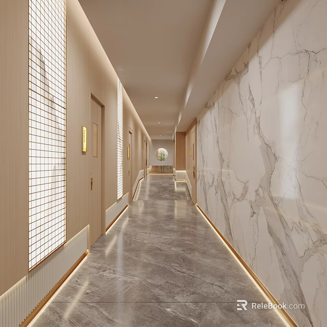 Modern Elevator Hallway Interior Design With Wooden Marble Walls Gray Flooring And Strip Lighting 3d model 