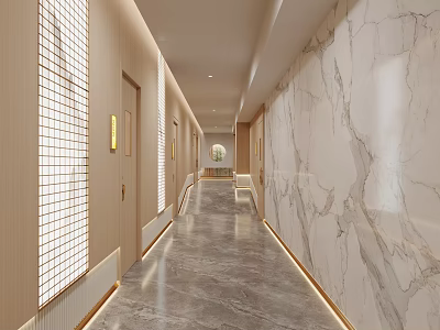 Modern Elevator Hallway Interior Design With Wooden Marble Walls Gray Flooring And Strip Lighting 3d model