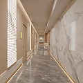 Modern Elevator Hallway Interior Design With Wooden Marble Walls Gray Flooring And Strip Lighting