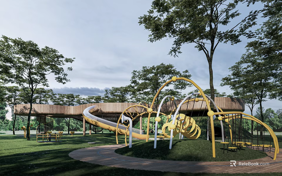 Yellow Sculpture Structure In Outdoor Park With Trees Grass And Slide 3d model 