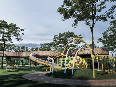 Yellow Sculpture Structure In Outdoor Park With Trees Grass And Slide 3d model