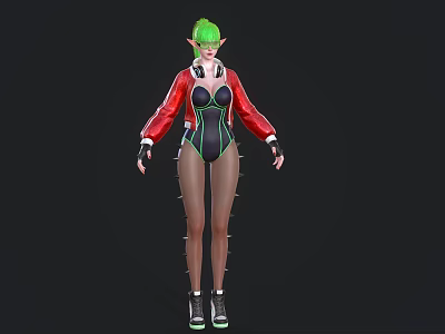 Game And Movie Character With Green Hair Red Jacket Black Bodysuit Transparent Stockings 3d model