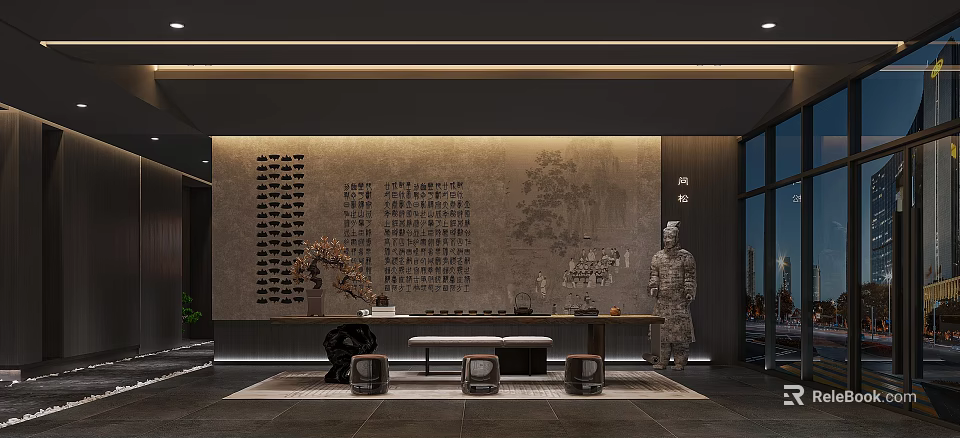 Traditional Chinese Tea House With Calligraphy Wall And Terracotta Sculpture 3d model 