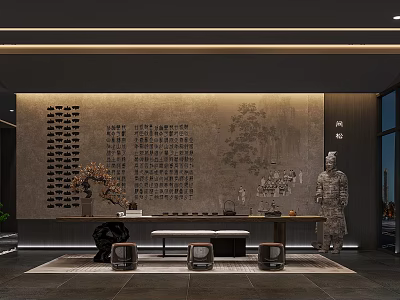 Traditional Chinese Tea House With Calligraphy Wall And Terracotta Sculpture 3d model