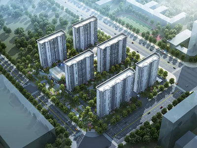 Aerial View Planning of Residential Community With High Rise Buildings Green Areas And Roads 3d model