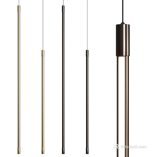 Modern Slim Cylindrical Pendant Lights With Metal Finish In Gold Silver Black Bronze 3d model 