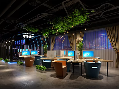 Modern Internet Cafe Interior With Green Plants Computers Tables Chairs And Lighting 3d model