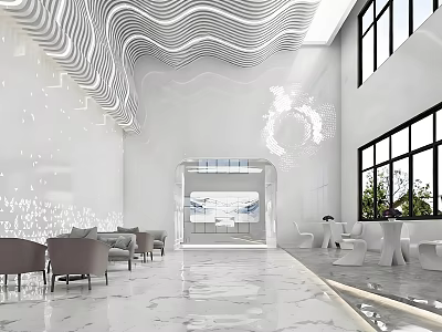 Modern Luxury Reception Lobby With Wavy Ceiling Marble Floor And Cozy Waiting Lounge Space 3d model