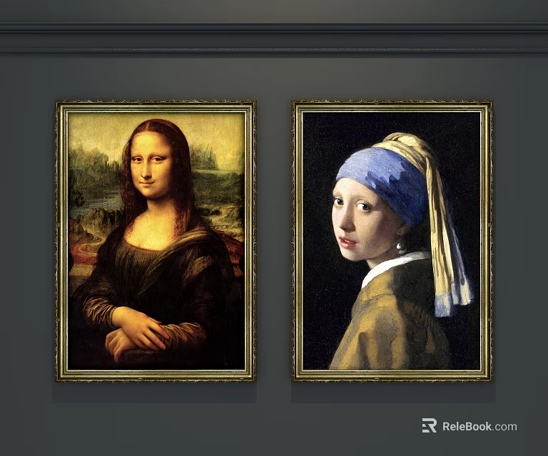 Two Classical Portrait Paintings With Golden Frames Hanging On Dark Wall 3d model 