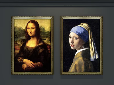 Two Classical Portrait Paintings With Golden Frames Hanging On Dark Wall 3d model