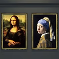 Two Classical Portrait Paintings With Golden Frames Hanging On Dark Wall