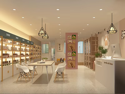 Modern Retail Store Interior With Shelves Display Products Tables Chairs Cashier Counter And Pendant Lights 3d model