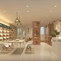Modern Retail Store Interior With Shelves Display Products Tables Chairs Cashier Counter And Pendant Lights