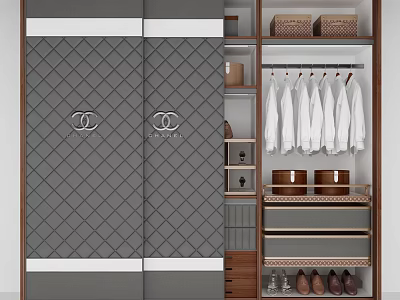 Gray Quilted Double Door Wardrobe Interior With Hanging White Shirts Storage Shelves And Drawers 3d model