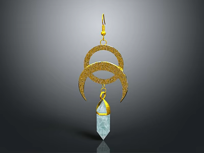 Intricate Golden Sculpture Carving With Double Circular Ring Design And Crystal Pendant 3d model