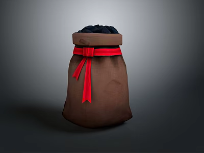Brown Storage Bag With Red Ribbon And Black Items On Top 3d model Brown Storage Bag With Red Ribbon And Black Items On Top 3d model