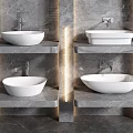 Modern Bathroom Interior With White Washbasins On Gray Marble Floating Shelves And Warm Lighting
