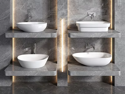 Modern Bathroom Interior With White Washbasins On Gray Marble Floating Shelves And Warm Lighting 3d model