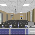 Modern School Classroom With Computers Projector Screen Yellow Curtains And Desks