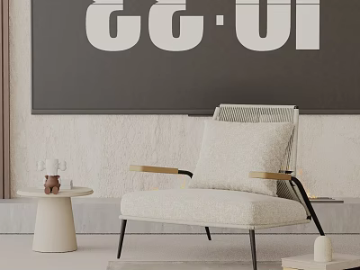 Leisure Accent Chair With Padded Seat Wooden Armrests Side Table And Minimalist Background Wall Decor 3d model