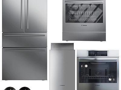 Stainless Steel Kitchen Appliances Set Including Refrigerator Dishwasher Oven And Freezer 3d model