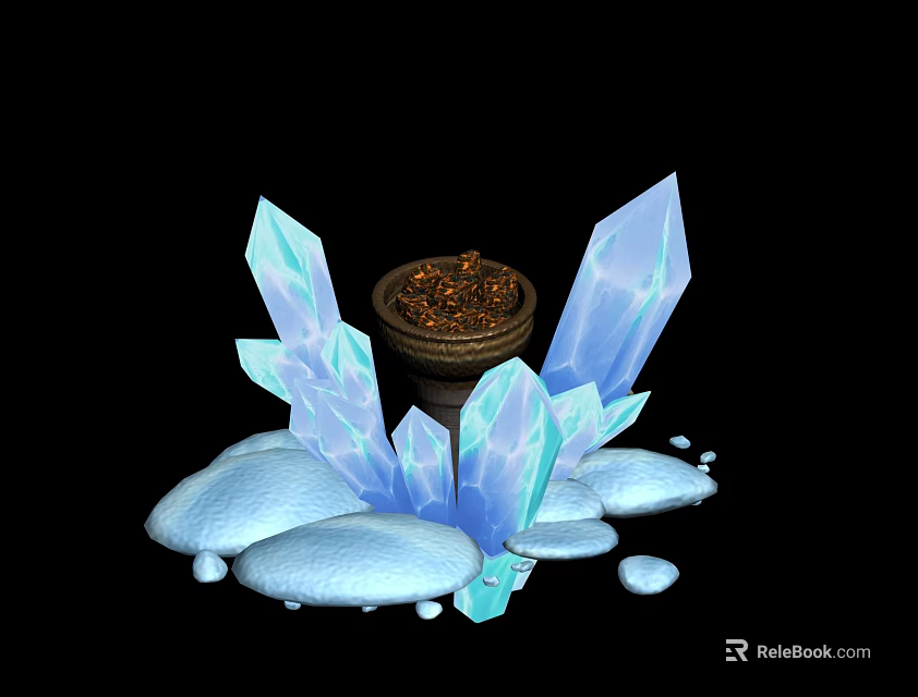 Shiny Blue Ice Crystals Surrounding Brown Container With Golden Particles On White Snow Blocks 3d model 