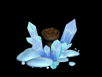Shiny Blue Ice Crystals Surrounding Brown Container With Golden Particles On White Snow Blocks 3d model