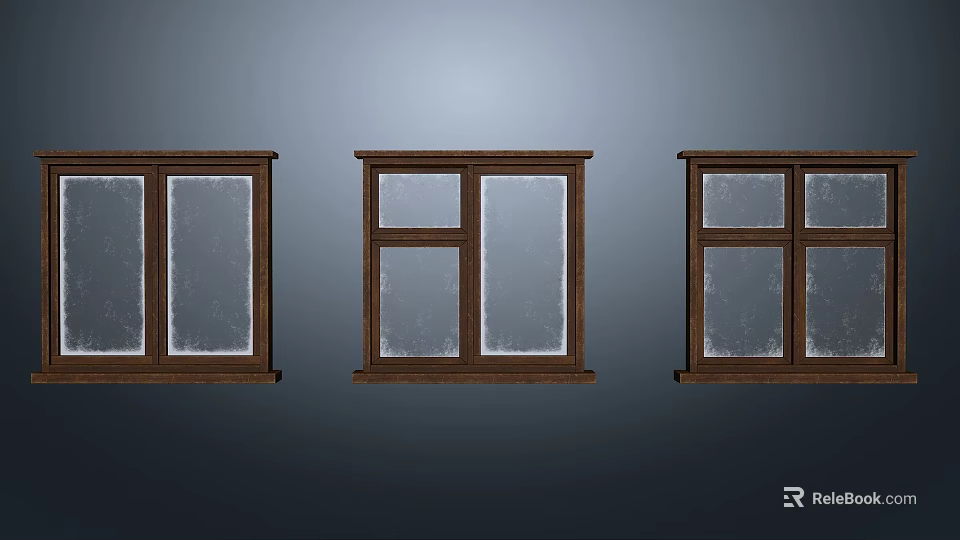 Three Classic Casement Windows With Wooden Frame And Transparent Glass Design 3d model 
