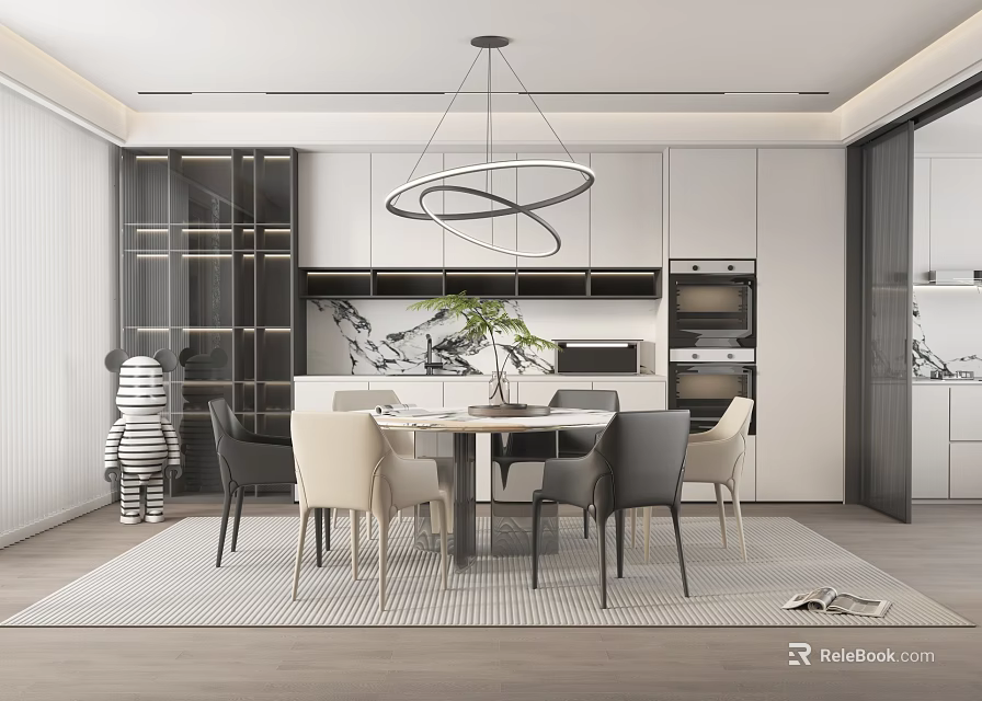 Modern Restaurant Interior Design Featuring Open Kitchen With Dining Table And Chairs 3d model