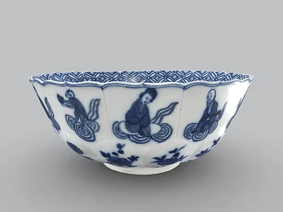 Blue and White Ceramic Bowl Decorated with Traditional Figures and Floral Patterns 3d model