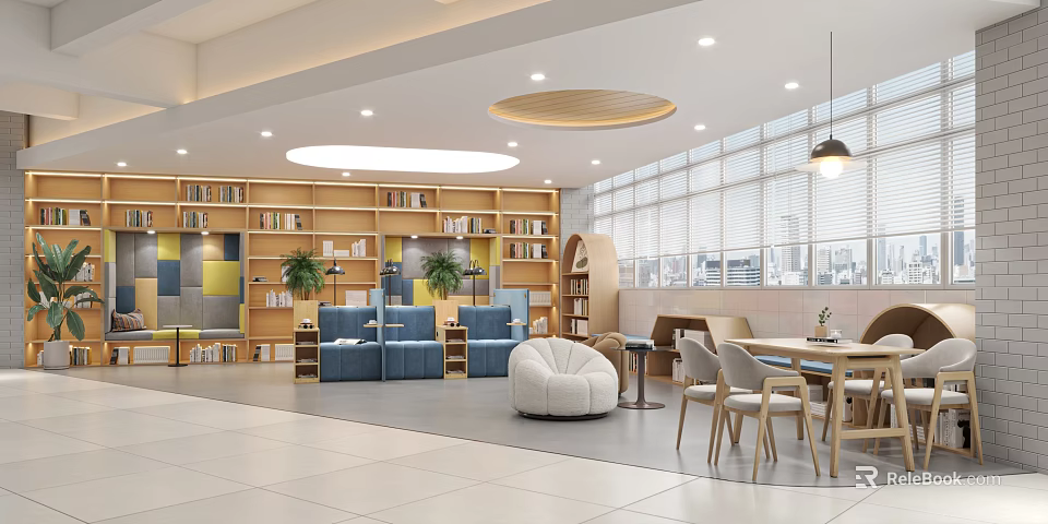 Book Art Inspired Library Interior With Shelves Seating Circular Lights And Large Windows 3d model 