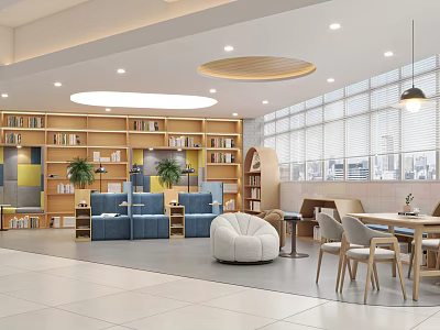 Book Art Inspired Library Interior With Shelves Seating Circular Lights And Large Windows 3d model