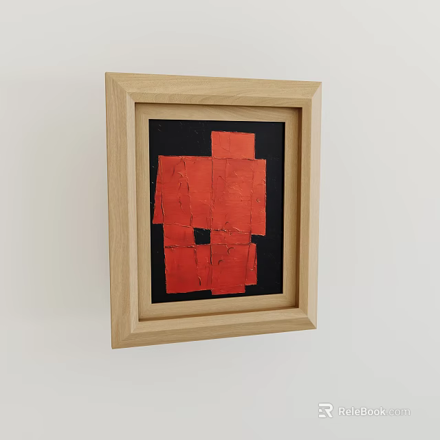 Abstract Red Geometric Oil Painting With Wooden Frame And Black Background 3d model 