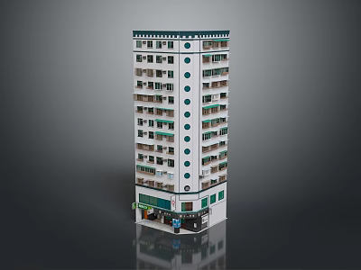 White Tall Building Exterior With Green Accents Multiple Floors Balconies And Ground Floor Shops 3d model