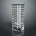 White Tall Building Exterior With Green Accents Multiple Floors Balconies And Ground Floor Shops