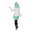Light Green Haired Woman In White Shirt Green Bow Tie Green Plaid Skirt Black Stockings