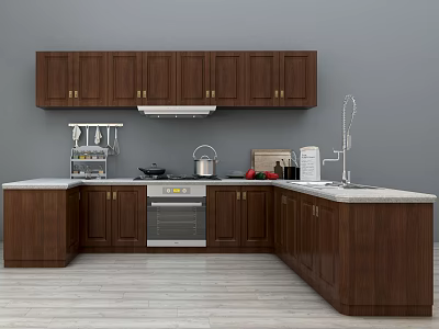 Dark Walnut Kitchen Cabinets In Modern L Shaped Layout With Countertop Sink Stove And Oven 3d model