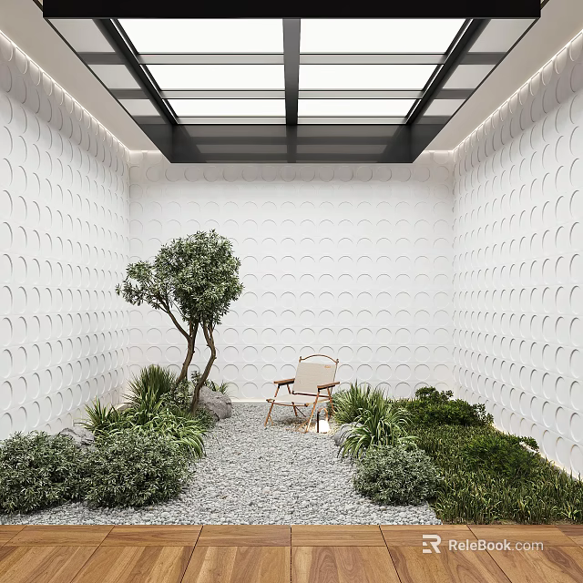 Courtyard Garden Featuring White Wavy Patterned Walls Glass Skylight Gravel Path Greenery And Wooden Chair 3d model 