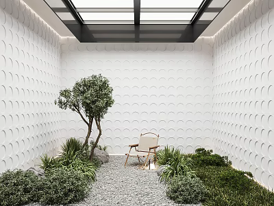 Courtyard Garden Featuring White Wavy Patterned Walls Glass Skylight Gravel Path Greenery And Wooden Chair 3d model