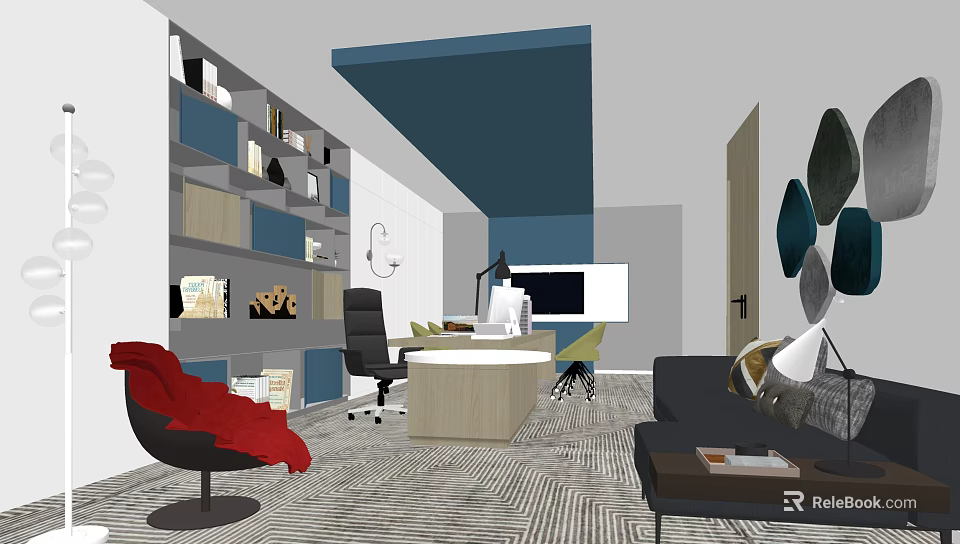 Modern Office Interior Design With Wooden Desk Shelves Sofa Decorative Art And Patterned Carpet 3d model 